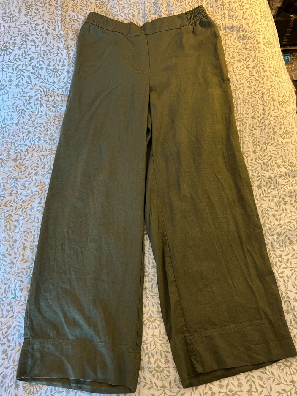 Zara Olive Green Linen Blend Wide Leg Pull On Pants Size L